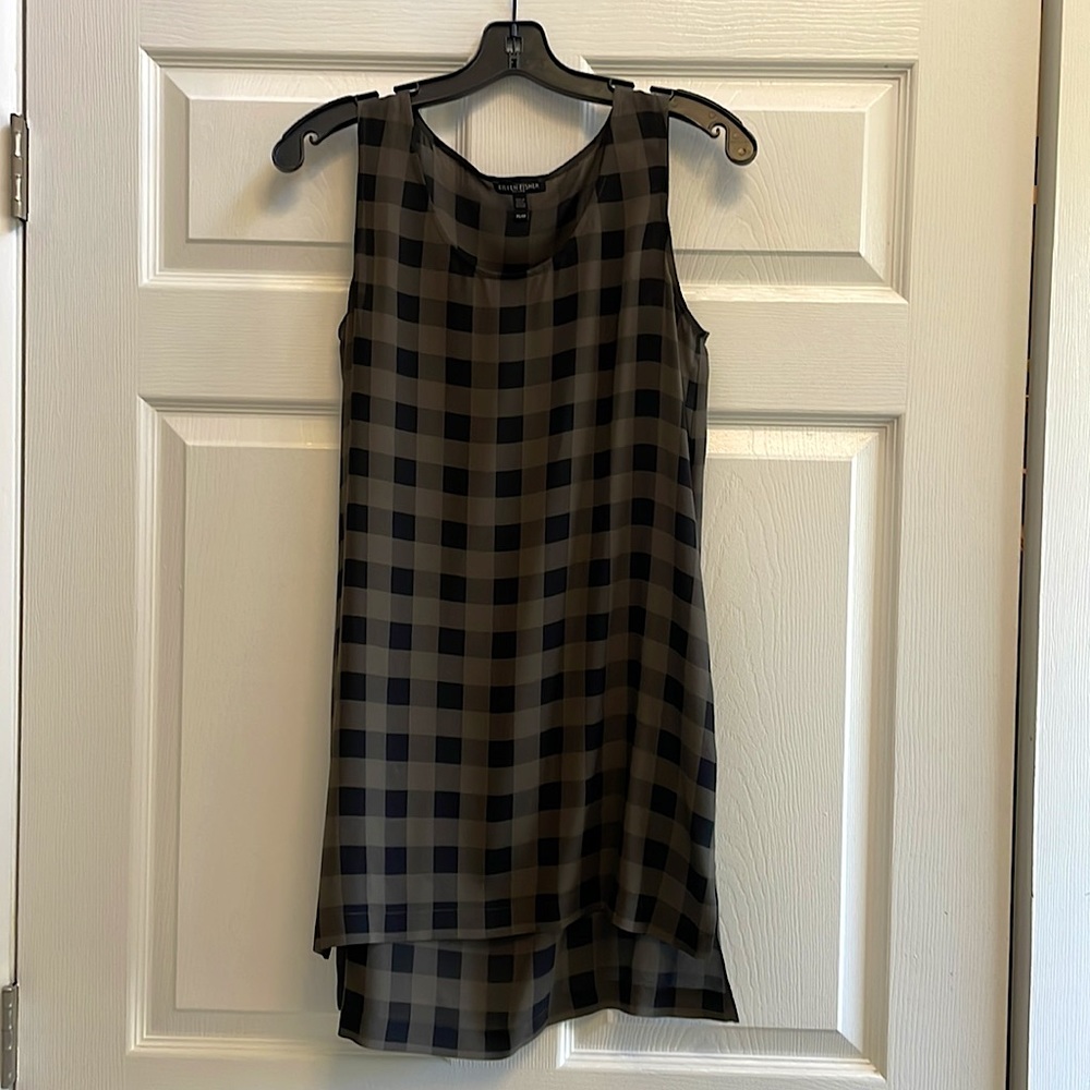 Eileen Fisher tunic, checkered black/olive, 100% silk, PS/PP